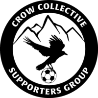 Small Crow Collective Supporters Group Logo (black outline) - Crow holding a soccer ball beneath mountains